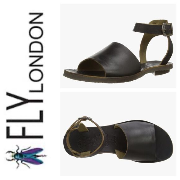Fly London Black Leather Ankle Strap Sandals - Picture 1 of 13
